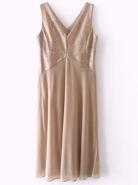 Dana Kay Gold Metallic Dress 8 Sleeveless V Neck Formal Midi Evening